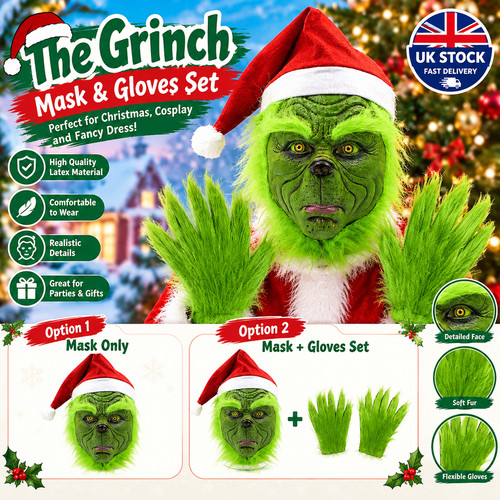 Grinch latex mask santa hat - latex,